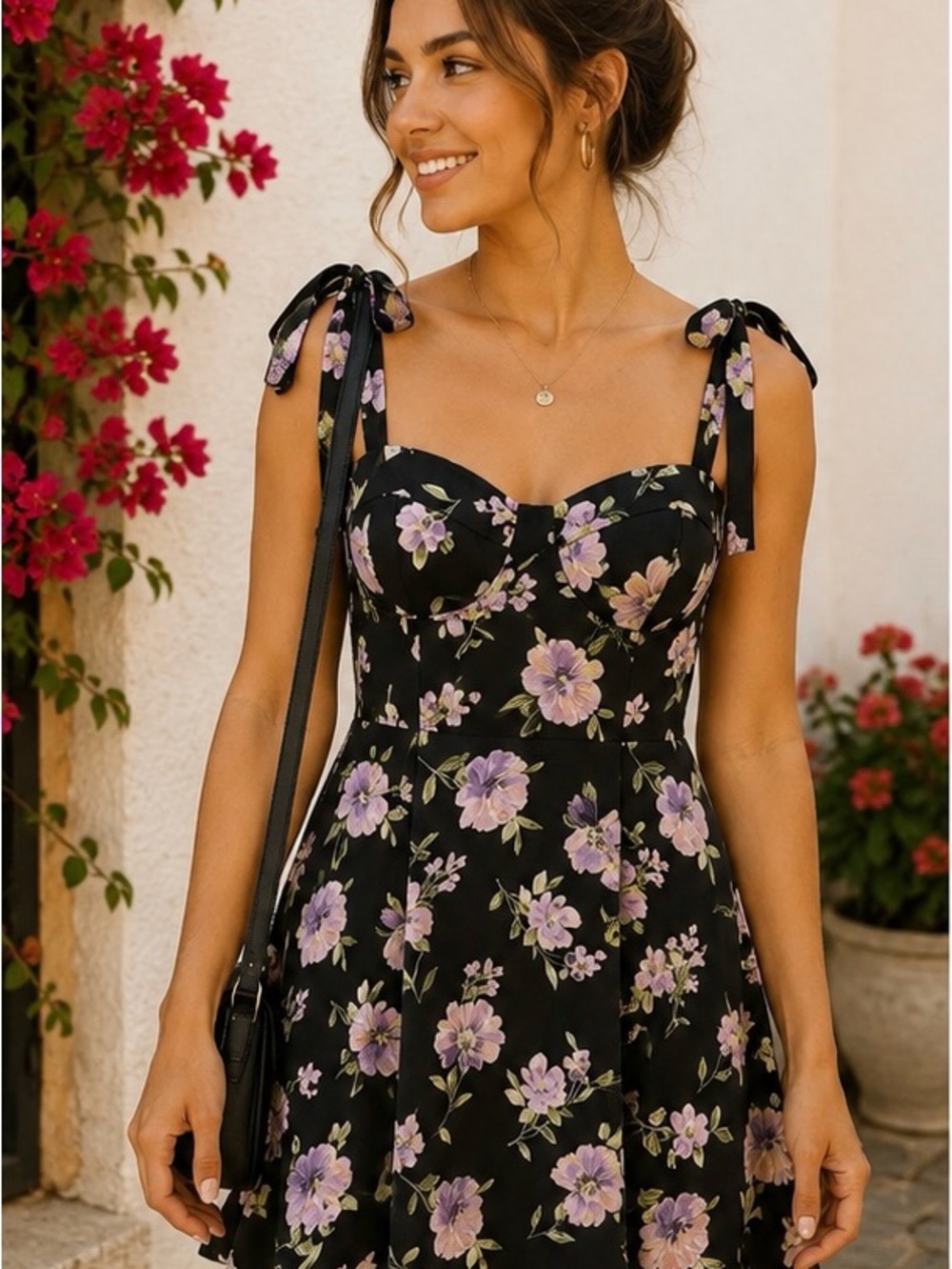 As U Wish Black Mini Dress with Lavender Floral Print- size Medium